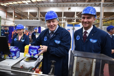 Boris on the production line at Tetley Tea, with Matt Vickers