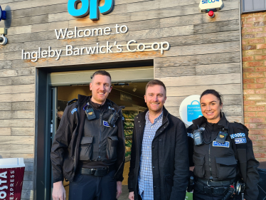 Matt with Cleveland police officers outside Ingleby Barwick Co-Op