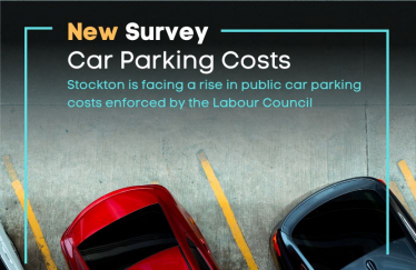 Text: 'New Survey. Car Parking Costs. Stockton is facing a rise in public car parking costs enforced by the Labour Council'. Image shows an arial shot of a car park.